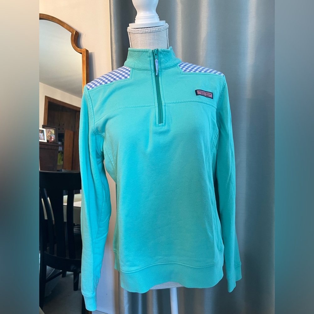 Vineyard Vines Aqua Quarter-Zip with Checkered Accents